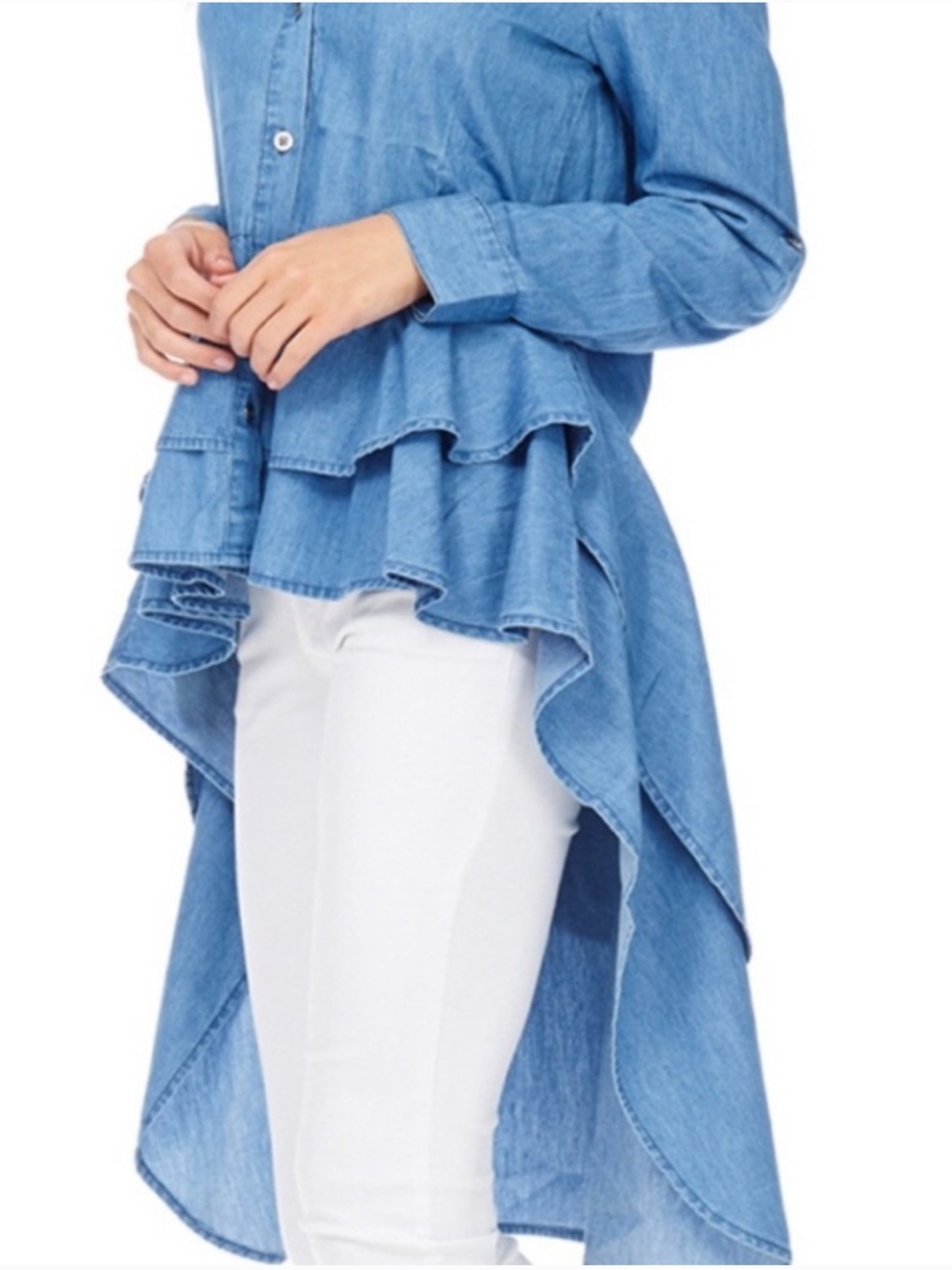 Thrill Light Blue Ruffled Chambray Button-Up Blouse - Picture 2 of 10